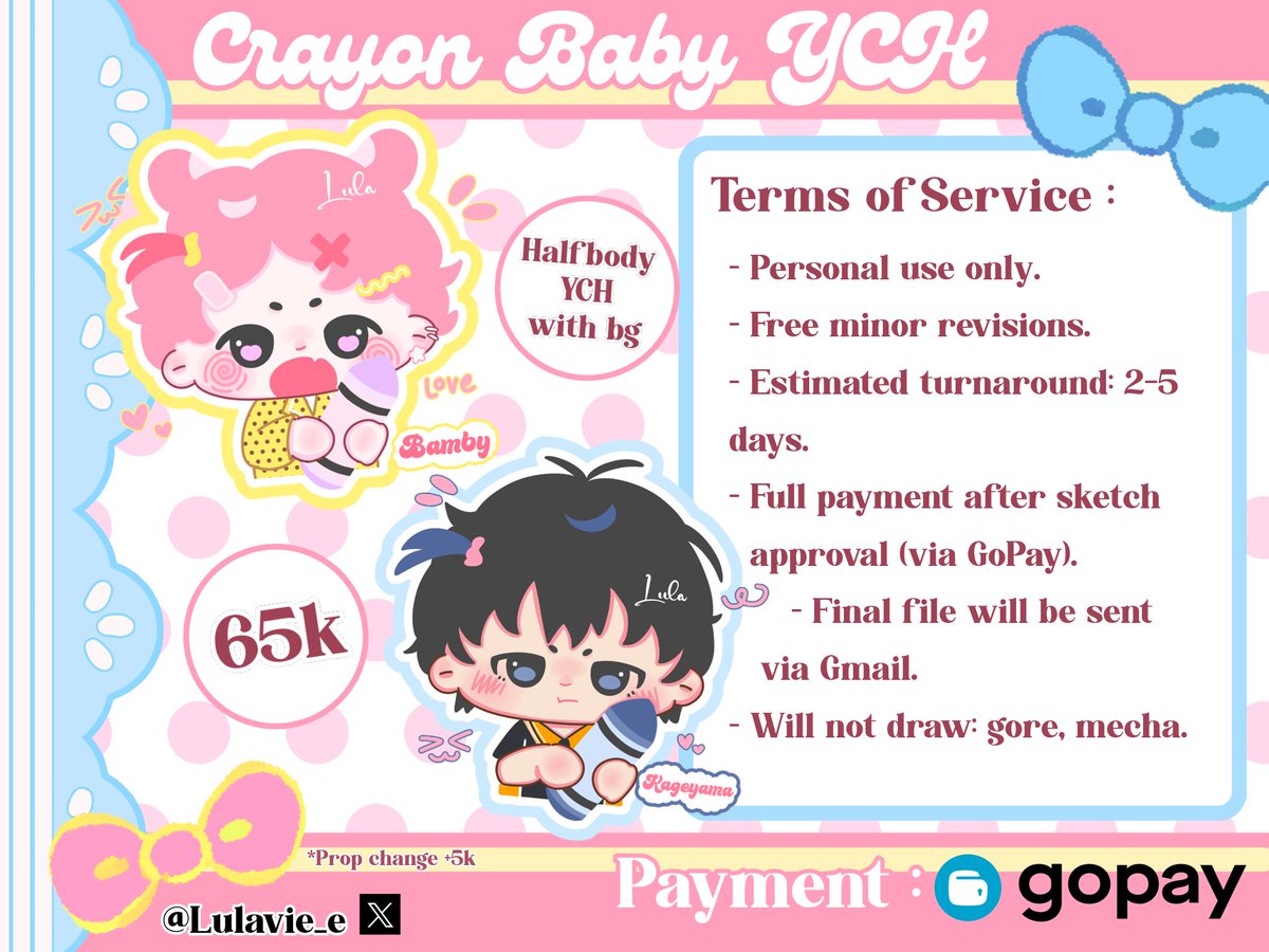 Lulavie_e's tweet photo. (Indonesia Only) 

Halow semuanyaa~ Lula open commis ych pertama Lula, Crayon Baby YCH🤏 pose imut buat kalian semuaa(๑✪ᆺ✪๑)

Langsung DM aja ya kalau tertarik, feel free kalo mau tanya-tanya dulu^^.

#commissionㅤ #commissioart #chibi #zonauangㅤ https://t.co/uqOqBAClHB