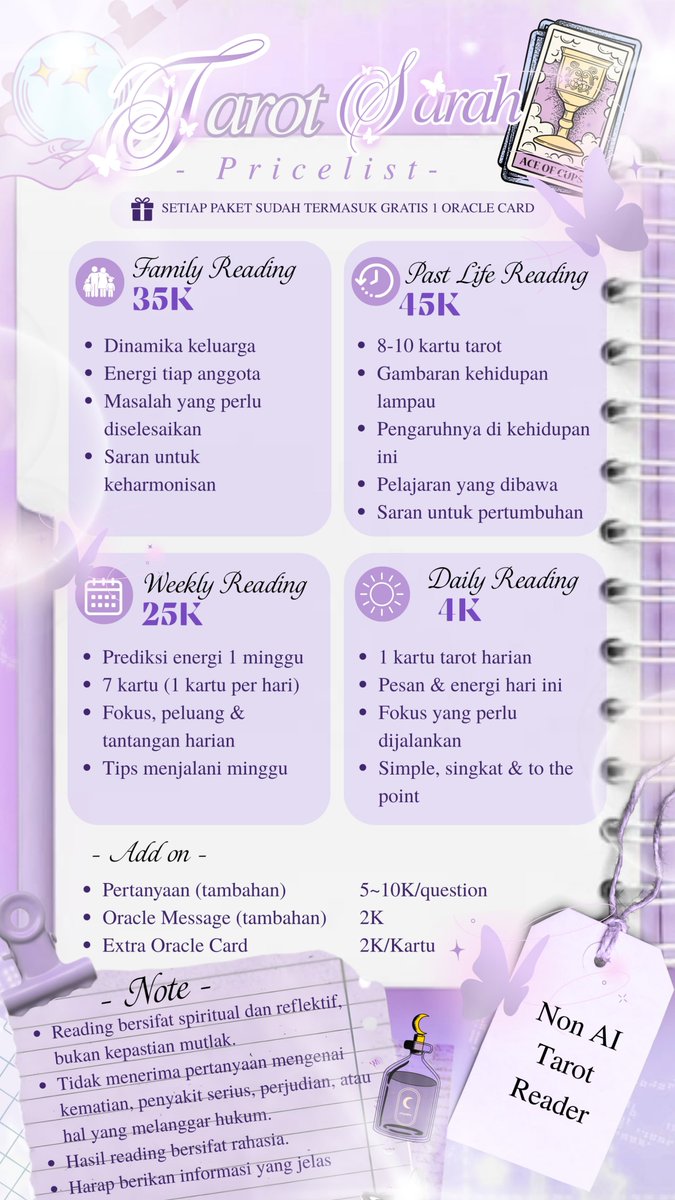 Haggjard's tweet photo. Tarot Sarah open yaaa~ siap untuk menjawab berbagai jenis kegundahanmuuu. Yuk gas yang mau kepoin pricelist di bawah yap!

#zonauang #zonacuan #bealanja #tarot https://t.co/49bm8kzeYi
