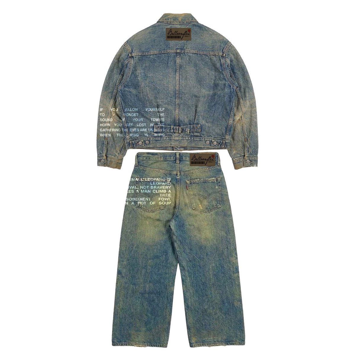 the_Lawrenz's tweet photo. Kanye west graduation denim £85.   

Vs 

Oyemykke’s limited edition denim jacket £500. 

P:S remember we have to support Nigerian businesses. 😁 https://t.co/mu8tJDzhzq