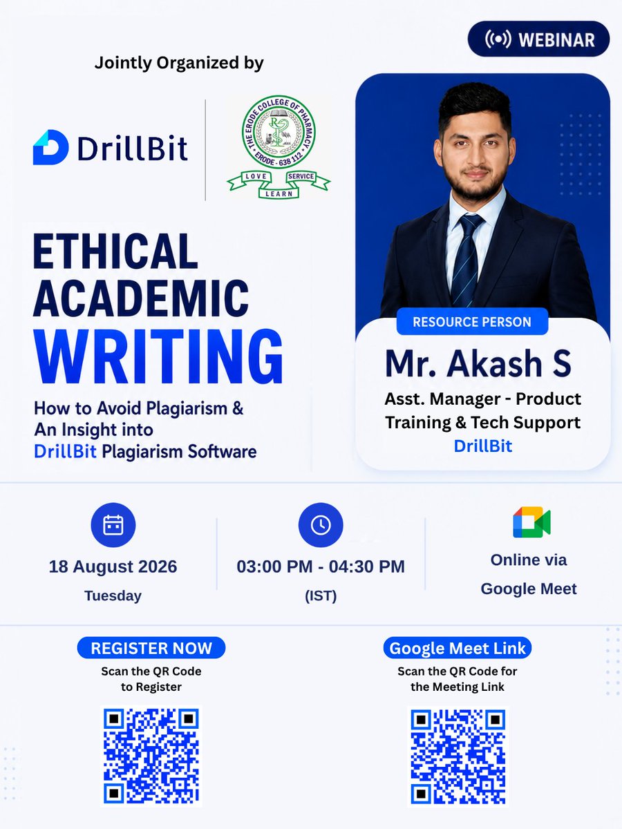 Drillbit05's tweet photo. Write with originality. Learn to avoid plagiarism and strengthen academic integrity with DrillBit &amp; Erode College of Pharmacy.
📅 18 Aug | ⏰ 3–4:30 PM IST | 💻 Google Meet
Register now!
#DrillBit #AcademicIntegrity #PlagiarismAwareness #Webinar https://t.co/YuGQ2PaWHy