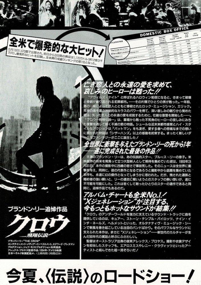 cine_archive's tweet photo. 『#クロウ/飛翔伝説』(1994)は、ゴシックな映像美で描かれる傑作アクションですが、主演のブランドン・リー（ブルース・リーの息子）が撮影中の事故で死亡。
蘇り不死身となった男を演じる彼が、現実に死を迎えた悲劇は、カルト的な伝説と哀愁を作品に刻みつけています。 https://t.co/dPrdBAgifV