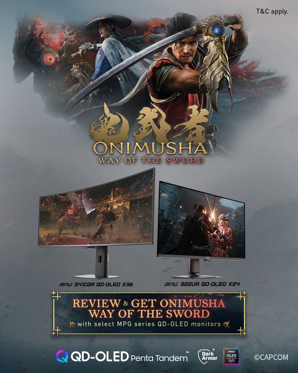 MSI__UK's tweet photo. Upgrade your setup with a select MSI gaming monitor, post your review, and unlock a free Onimusha: Way of the Sword game code.

Feel every strike on the MSI MPG QD-OLED Gaming Monitor:

⚔️ DarkArmor Film — deeper blacks, fewer distracting reflections
🔥 Uniform Luminance — consistent brightness scene to scene
👁️ AI Care Sensor — smart presence detection for smarter comfort

Learn more & redeem yours → https://t.co/5xtYooxz67

#MSIUK #MSIGaming #Onimusha #GamingMonitor #4K #QDOLED #PCGaming #Promotion