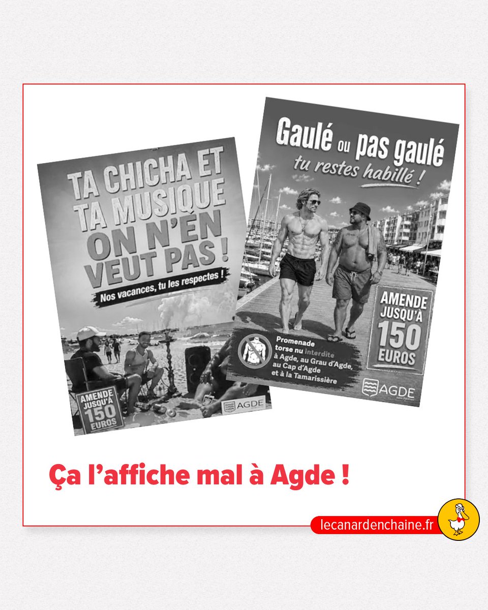 canardenchaine's tweet photo. Le maire RN d’Agde poursuit sa communication estivale aux relents de racisme bien rance avec une nouvelle série d’affiches.

Sur l’une d’entre elles, on voit des jeunes au profil maghrébin sur la plage, autour d’un narguilé avec écrit au-dessus : « Ta chicha et musique, on n’en veut pas ! »

Tout en finesse qu’on vous dit ➡ https://t.co/OXocGWkZGZ