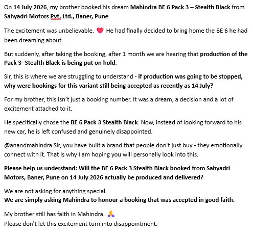 surendra8123's tweet photo. @anandmahindra Sir, I’m writing this with a genuinely heavy heart on behalf of my brother.

#MahindraBE6 #BE6 #Mahindra #AnandMahindra #MahindraElectric https://t.co/moceXs75NF