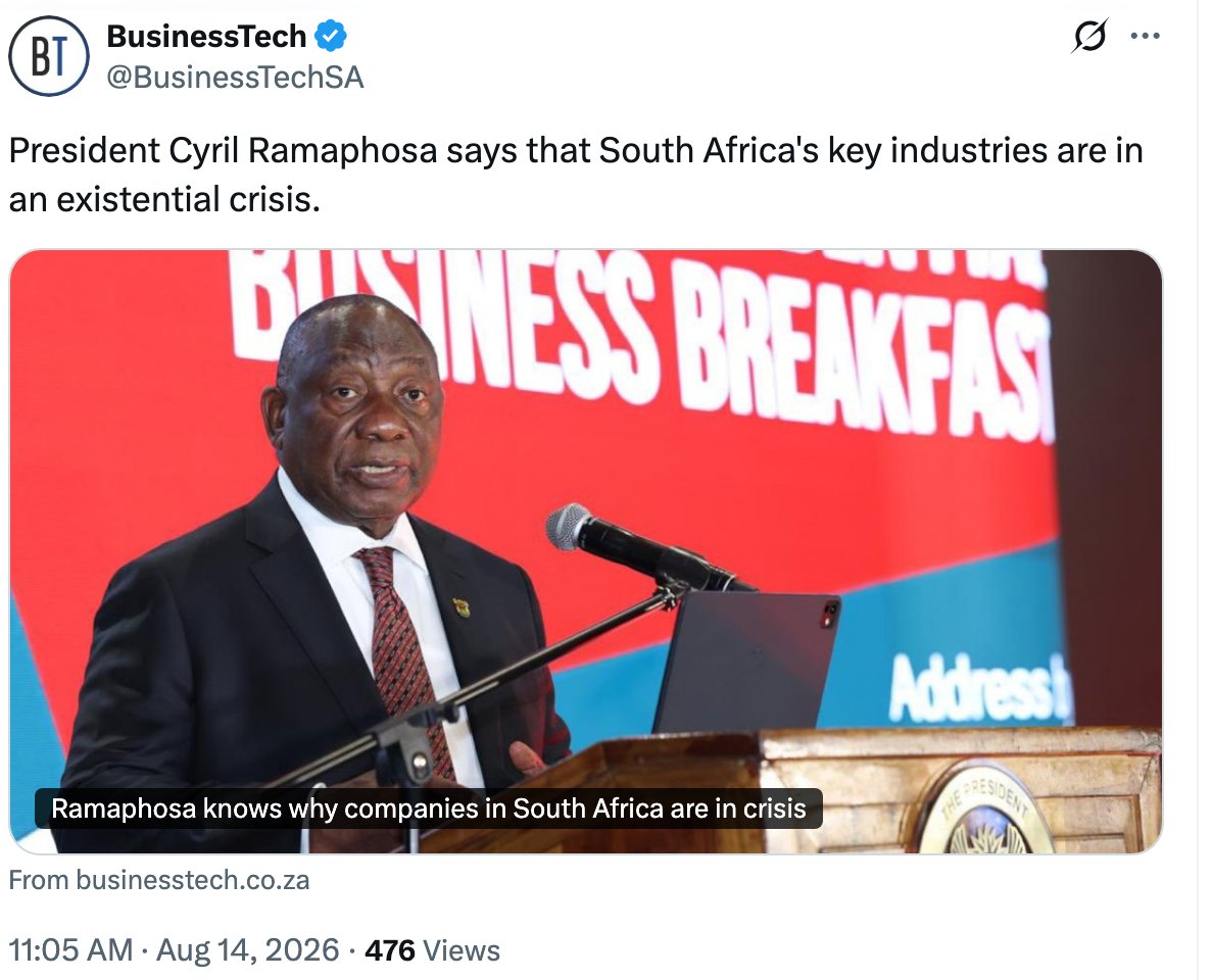 PhumlaniMMajozi's tweet photo. It always amazes me when our President speaks as if he only took power last Monday. Our key industries are in existential crisis because of him and his party. Will somebody please tell him that? #economy #politics #markets https://t.co/OLTOQ39Ufo