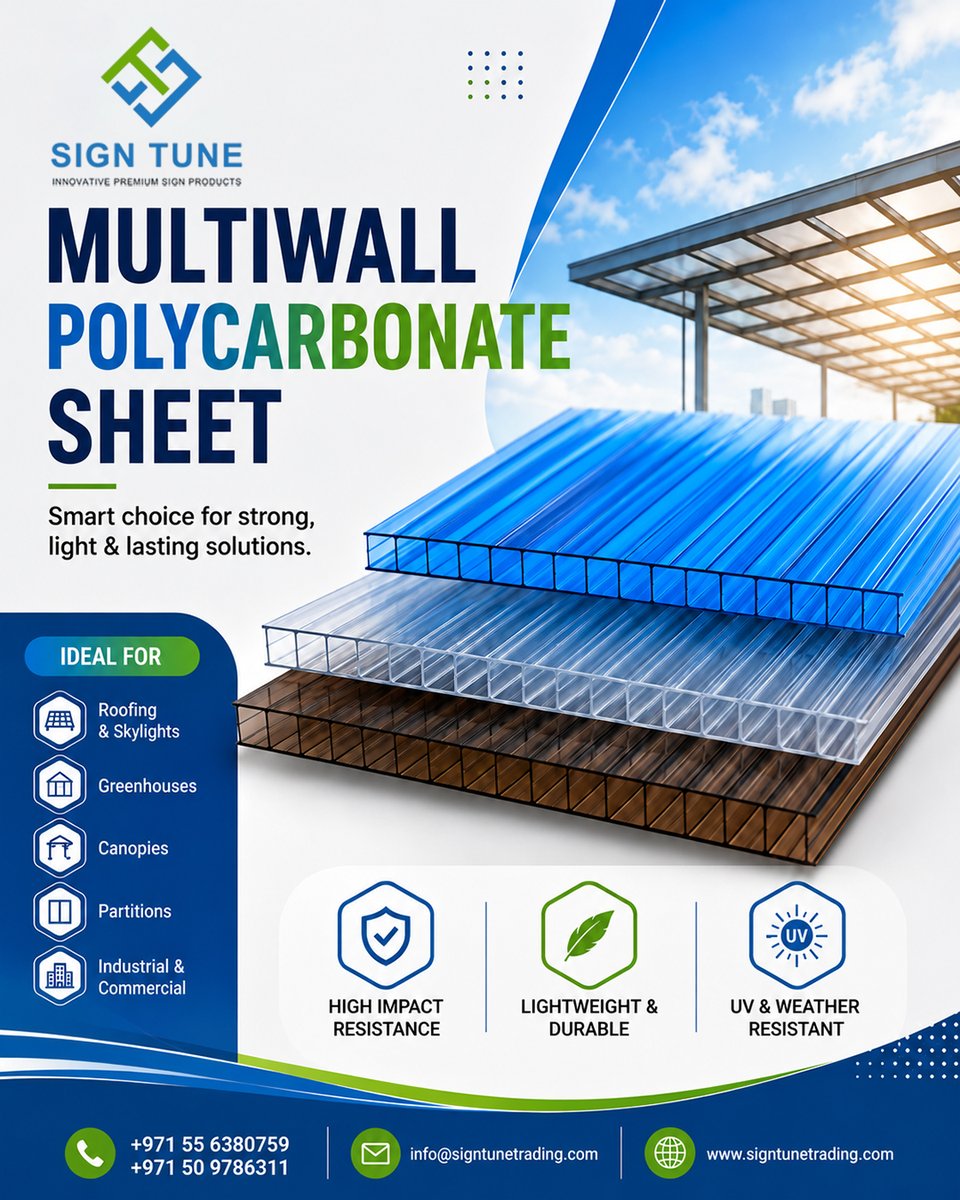 SignTuneTrading's tweet photo. Upgrade your projects with Multiwall Polycarbonate Sheets from Sign Tune a smart choice for strong, lightweight, and durable solutions.
Get reliable performance with premium-quality polycarbonate sheets.
#PolycarbonateSheetSuppliers #MultiwallPolycarbonate #PolycarbonateSheet https://t.co/YMXMq68Mhm