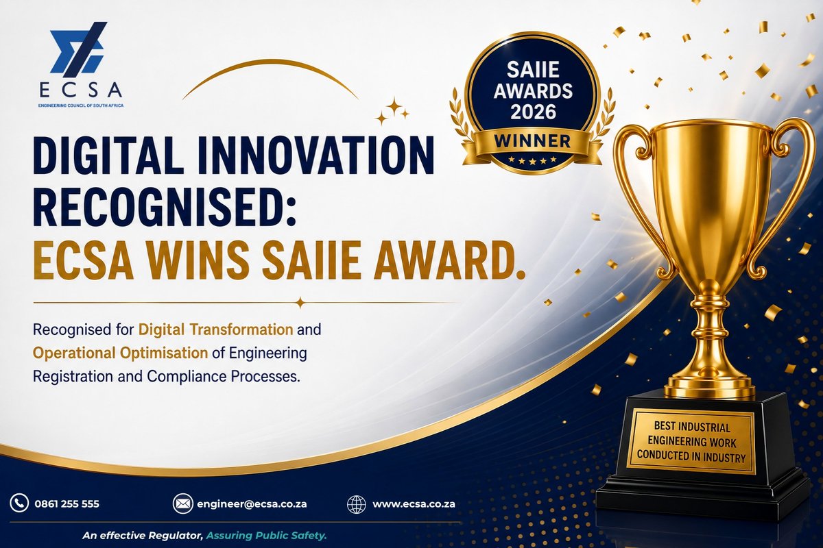 ECSAOfficial's tweet photo. Proud moment for ECSA! 🏆 We’ve won the SAIIE Award for Best Industrial Engineering Work Conducted in Industry, recognising our Digital Transformation & Optimisation of Engineering Registration and Compliance Processes.
An Effective Regulator, Assuring Public Safety. ⚙️🇿🇦
#ECSA https://t.co/fo1YxteJ9h