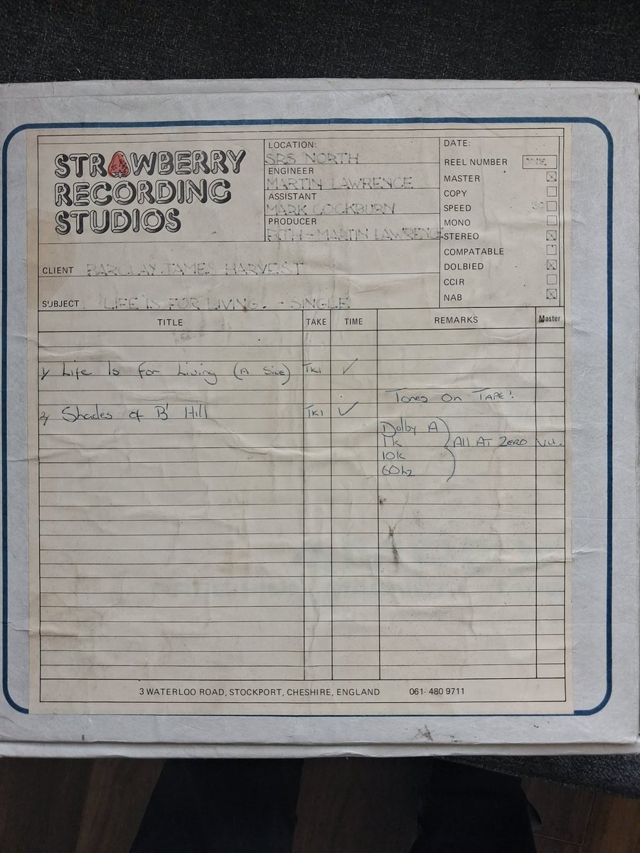 StrawberryNorth's tweet photo. Saved into the Archive thanks to the generosity of Tim Eastwood (Axis Audio) is this 2" master tape for Barclay James Harvest's 1980 single Life is for Living. Alongside BJH producing + engineering in Strawberry were Martin Lawrence + Mark Cockburn both sadly no longer with us https://t.co/wnEToRBqB8