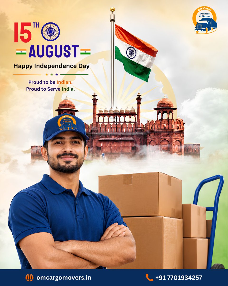 omcargomovers's tweet photo. 🇮🇳 Happy Independence Day!

Today, we celebrate the spirit of freedom, unity, and pride. At OM Cargo Packers &amp; Movers, we are proud to serve people across India with safe and trusted moving services.

#HappyIndependenceDay
#ProudToBeIndian
#OMCargoMovers https://t.co/A1b3aOJTOC