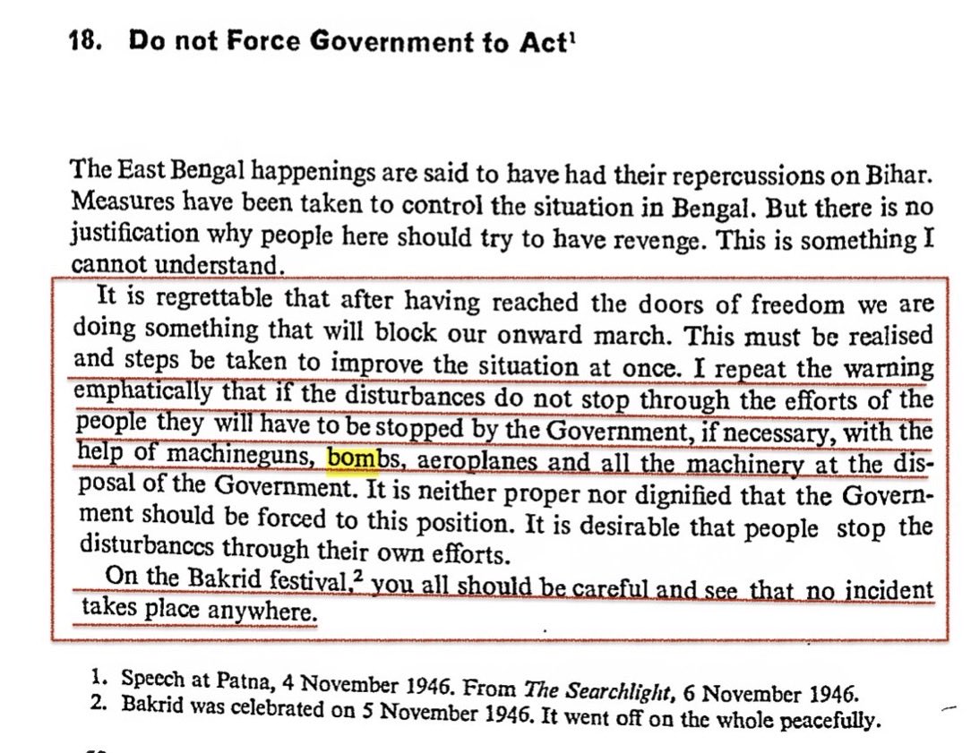 MumukshuSavitri's tweet photo. In 1946 even before he gave up India’s permanent UN seat to China, interim PM Nehru was busy bombing Hindus of Bihar for daring to defend themselves. Indians should never forget that on Nov. 8, 1946, interim PM Jawaharlal Nehru ordered police to open fire, killing 400-1000 Hindus in Nagarnausa, Bihar,  for daring to push back against violent Muslim rioters who were emboldened after the Noakhali massacre (5000+ slaughtered, Lakhs raped). 

In a letter to Padmaja Naidu, instead of being horrified, Nehru expressed relief that 400 Hindus in Bihar were killed at his instructions! 

Earlier on Nov. 4th, Nehru had threatened Hindus saying that under him the "Govt. would not show any mercy.... they will be fired upon and bombed from the air if necessary". He exhorted Hindus whose families were raped & massacred at Noakhali to instead protect Muslims "even at the cost of sacrificing your all"! 

Sporadic violence had erupted since the Noakhali massacre, but the Hindus of Bihar became outraged beyond all limits when several young girls were violently captured and molested by the Muslims in local villages. Despite their pleas - the Hindus received no help from the police under Nehru’s leadership. Consequently they started retaliating on their own terms to defend and protect their families.  

A furious Nehru then repeated the threat of severe punishment by his police to Hindus on Nov. 6, warning that if they kept retaliating against Muslims for Noakhali, then he would unleash every weapon from "machine guns, bombs, aeroplanes & all the forces of the Govt." to stop Hindus. By Bakr Id he wanted all the Hindus neutralized.  

On Nov. 8th, all hell broke loose as police followed Nehru’s command and opened fire on hundreds of Hindus for daring to defend themselves & retaliating to the violence perpetrated on them.  

Shockingly Nehru's letter to Bihar CM Sri Krishna Sinha on Nov. 19 reveals him deliberately covering up his direct role in massacring hundreds of Bihari Hindus. He coldly stated that 250 Hindu casualties was not a big figure "considering everything" & even instructed Sinha how to word an official FAKE alibi to save Nehru.  

We know Jallianwala Bagh but our history books never reveal how Jawaharlal Nehru was responsible for this bloodcurdling massacre of over 400 + Hindus for daring to defend themselves & their co-religionists against brutal terrorism. In contrast, he never appealed to or threatened to stop Muslims from massacring Lakhs of Hindus.  

How ironic and hypocritical that today his very descendants preach to us about police violence against protesting citizens. 

Source: Selected Works of Jawaharlal Nehru, Volume 1, Jawaharlal Nehru Memorial Fund