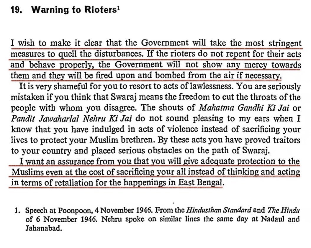 MumukshuSavitri's tweet photo. In 1946 even before he gave up India’s permanent UN seat to China, interim PM Nehru was busy bombing Hindus of Bihar for daring to defend themselves. Indians should never forget that on Nov. 8, 1946, interim PM Jawaharlal Nehru ordered police to open fire, killing 400-1000 Hindus in Nagarnausa, Bihar,  for daring to push back against violent Muslim rioters who were emboldened after the Noakhali massacre (5000+ slaughtered, Lakhs raped). 

In a letter to Padmaja Naidu, instead of being horrified, Nehru expressed relief that 400 Hindus in Bihar were killed at his instructions! 

Earlier on Nov. 4th, Nehru had threatened Hindus saying that under him the "Govt. would not show any mercy.... they will be fired upon and bombed from the air if necessary". He exhorted Hindus whose families were raped & massacred at Noakhali to instead protect Muslims "even at the cost of sacrificing your all"! 

Sporadic violence had erupted since the Noakhali massacre, but the Hindus of Bihar became outraged beyond all limits when several young girls were violently captured and molested by the Muslims in local villages. Despite their pleas - the Hindus received no help from the police under Nehru’s leadership. Consequently they started retaliating on their own terms to defend and protect their families.  

A furious Nehru then repeated the threat of severe punishment by his police to Hindus on Nov. 6, warning that if they kept retaliating against Muslims for Noakhali, then he would unleash every weapon from "machine guns, bombs, aeroplanes & all the forces of the Govt." to stop Hindus. By Bakr Id he wanted all the Hindus neutralized.  

On Nov. 8th, all hell broke loose as police followed Nehru’s command and opened fire on hundreds of Hindus for daring to defend themselves & retaliating to the violence perpetrated on them.  

Shockingly Nehru's letter to Bihar CM Sri Krishna Sinha on Nov. 19 reveals him deliberately covering up his direct role in massacring hundreds of Bihari Hindus. He coldly stated that 250 Hindu casualties was not a big figure "considering everything" & even instructed Sinha how to word an official FAKE alibi to save Nehru.  

We know Jallianwala Bagh but our history books never reveal how Jawaharlal Nehru was responsible for this bloodcurdling massacre of over 400 + Hindus for daring to defend themselves & their co-religionists against brutal terrorism. In contrast, he never appealed to or threatened to stop Muslims from massacring Lakhs of Hindus.  

How ironic and hypocritical that today his very descendants preach to us about police violence against protesting citizens. 

Source: Selected Works of Jawaharlal Nehru, Volume 1, Jawaharlal Nehru Memorial Fund