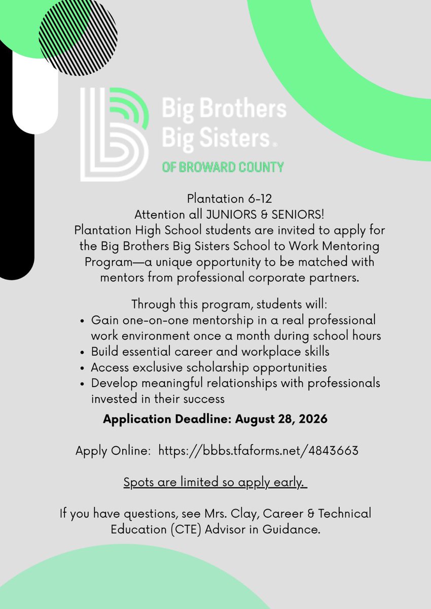 P612_Colonels's tweet photo. Calling all Juniors and Seniors 📣 Apply for the Big Brothers Big Sisters School to Work Mentoring program. 👧🧑 See Mrs. Clay for an application! https://t.co/JCKQhCjour