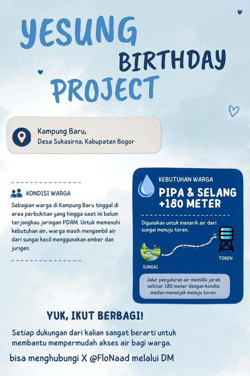 FLOnaad's tweet photo. Hi elpeuu, #YesungBirthdayPeoject balik lagi. Kita raising donasi untuk beli pipa bagi warga desa Sukasirna, Kab Bogor, pipa ini nantinya digunakan untuk menarik air dari sungai terdekat, krn hingga saat ini mrk blm mendapat pasokan air PDAM. 
Bagi tmn² yg mau join, bisa DM 💙 https://t.co/U3PCLfRmZi