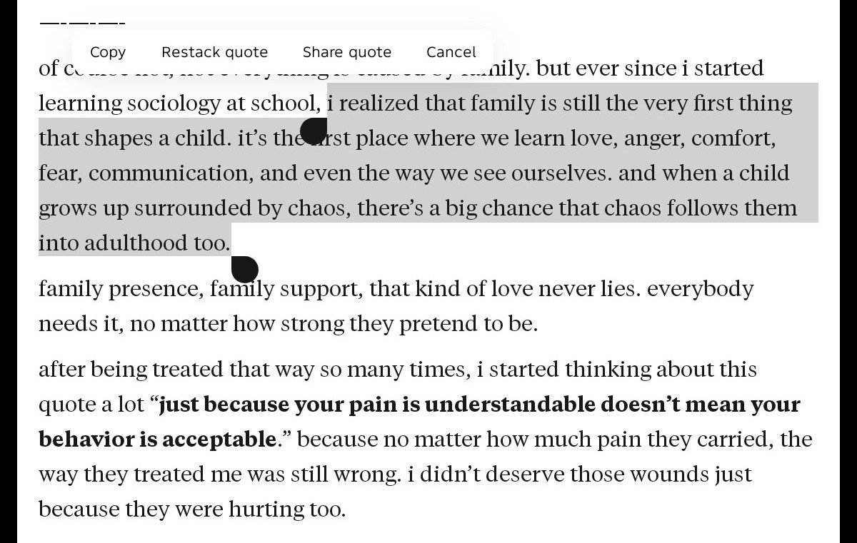 falalanisrina's tweet photo. dan, ya. punya keluarga cemara itu sebuah privilege.
aku merekomendasikan kamu buat baca artikel ini deh! karena this article hit me so bad :c aku bacanya aja sambil gigit jari..

"someone who was raised with love and someone who was raised by survival will never see the world the same way"
was right..