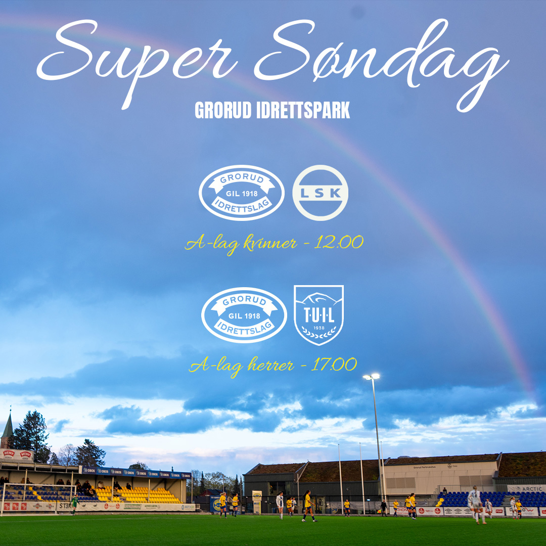 GrorudFotball's tweet photo. Det er klart for Super Søndag i Grorud Idrettspark! 💛💙

På søndag spiller både A-lag kvinner og A-lag herrer hjemmekamp og vi vil se deg på tribunen! 🫵

Vi lover å by på underholdene fotball fra morgen til kveld og kan by på både varmt og kaldt i kiosken! Kommer du? https://t.co/7NBHJnAZMk