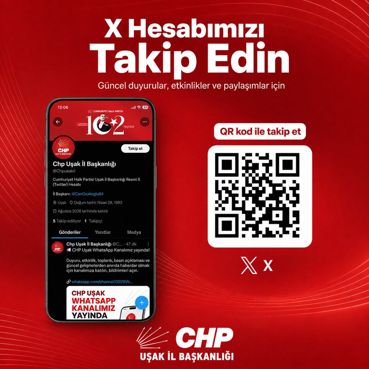 Chpusakil's tweet photo. 📲 CHP Uşak resmi X hesabımızı takip edin!

Açıklamalarımız, duyurularımız ve Uşak gündemine dair güncel paylaşımlarımız burada.

🔗 https://t.co/u5s9f9XSP8 https://t.co/0stepZx2Cj