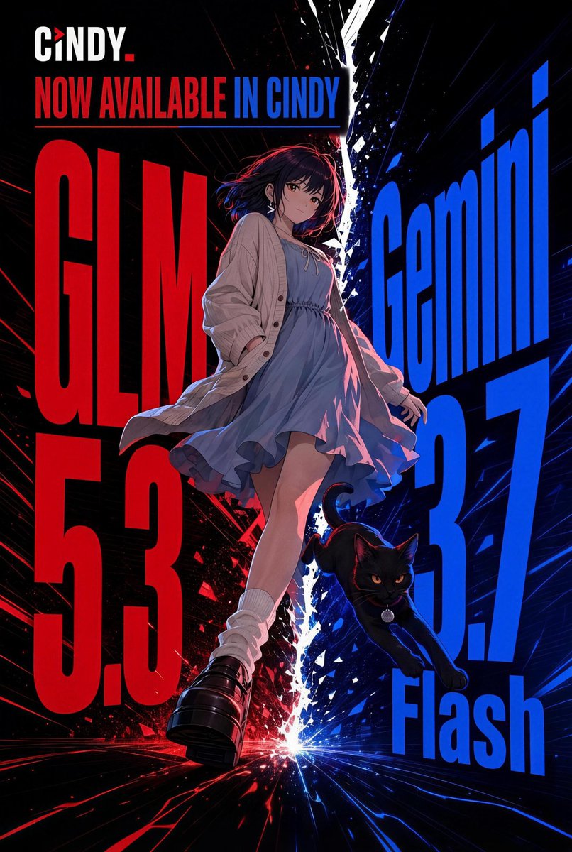 making_cindy's tweet photo. The model race is officially on fire. 🔥
New contenders keep entering the arena, benchmarks change overnight.

This round:
GLM-5.3 goes deeper on complex coding and long-running tasks.
Gemini 3.7 Flash pushes harder on speed, cost, and high-volume work.

We ran a quick comparison in Cindy—but benchmarks are only a map, not the answer. The best model is the one that performs on your code, documents, and workflows.

Both models are now available in https://t.co/B3h6KZfNun.

Bring a real task. Try them side by side.