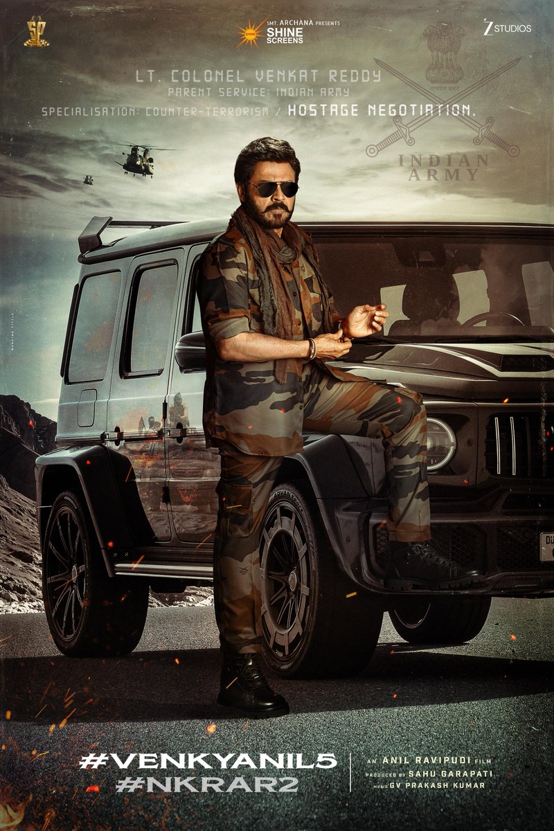 AnilRavipudi's tweet photo. 40 Glorious Years of our Victory @VenkyMama garu in TFI 😍😍😍

It’s an absolute honour to celebrate this incredible milestone with a very special look from our film 🤗

Meet our Lt colonel VENKAT REDDY🔥

#VenkyAnil5 #NKRAR2 
#40YearsOfVictoryVenkatesh https://t.co/WcvkXFEuox