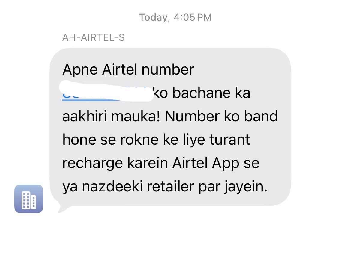 Ankitsood100's tweet photo. @Airtel_Presence Again i have received this message …Number ko bachane ka akhri mauka !! Is my number dying ?? https://t.co/C1yG40Hcqa