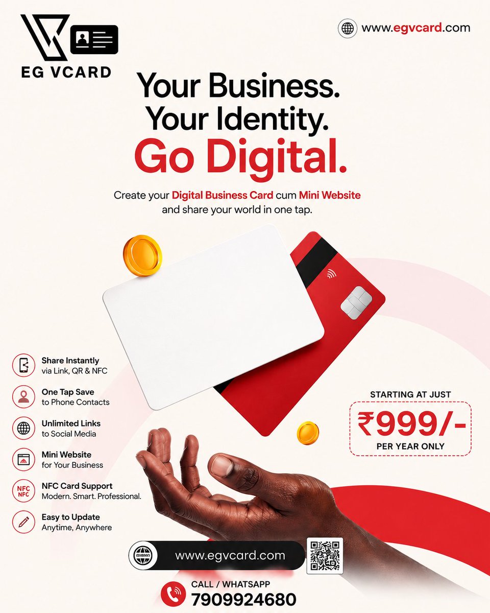egvcard's tweet photo. Go Digital. Get Noticed. Grow Smarter. 🚀

Your business deserves more than a traditional visiting card. With egvcard, create a professional Digital Business Card cum Mini Website and share your complete business identity with just one tap.

📞 Call / WhatsApp: 7909924680 https://t.co/LYvUXTj7Nm