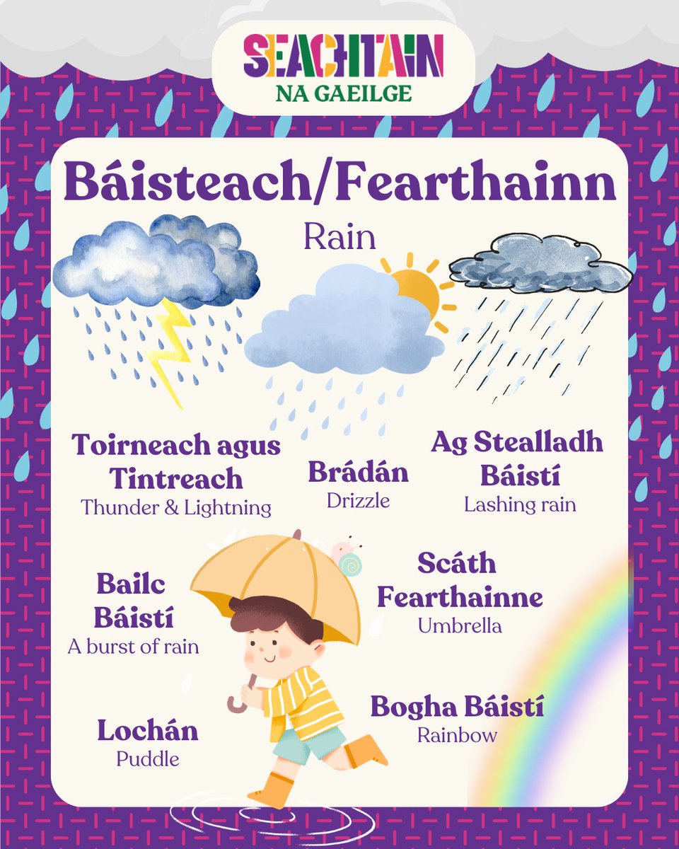 SnaGaeilge's tweet photo. Tá go leor bealaí ann le cur síos a dhéanamh ar an mbáisteach sa Ghaeilge! 🌦️

Tá fearthainn geallta don tseachtain seo chugainn, an bhfuil tú ag súil léi? ☔️🌧️

#Gaeilge #Irish #IrishLanguage #LearnIrish #Foghlaim #Gael #StórFocal #Foclóir #Ireland https://t.co/2IsWfZM0rW