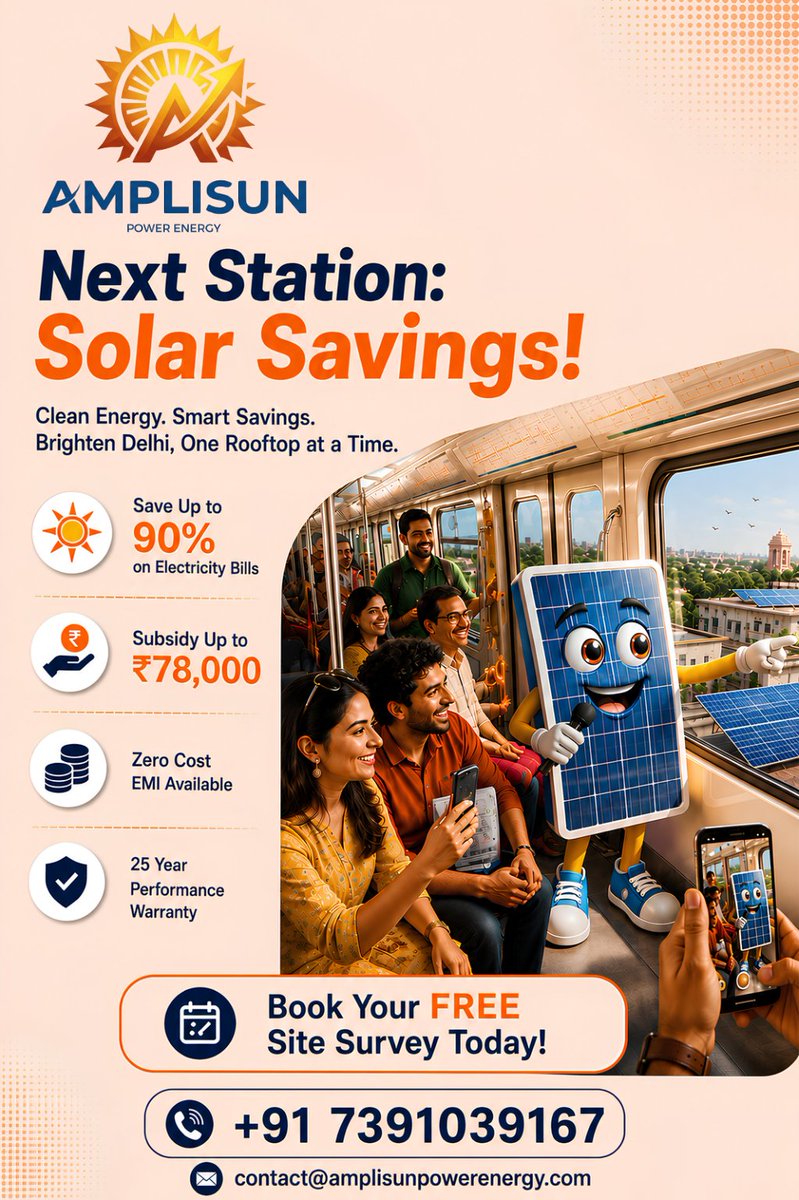amplisunsolar's tweet photo. ☀️ Next Station: Solar Savings! 🚆⚡
Turn your rooftop into a savings powerhouse! 💰
🏠 Save up to 90% on electricity bills
💸 Subsidy up to ₹78,000
🛡️ 25-year performance warranty
Go solar. Save smarter. Live greener. 🌱
#SolarEnergy #SolarSavings #RooftopSolar #RenewableEnergy https://t.co/iNnn0NP7wz