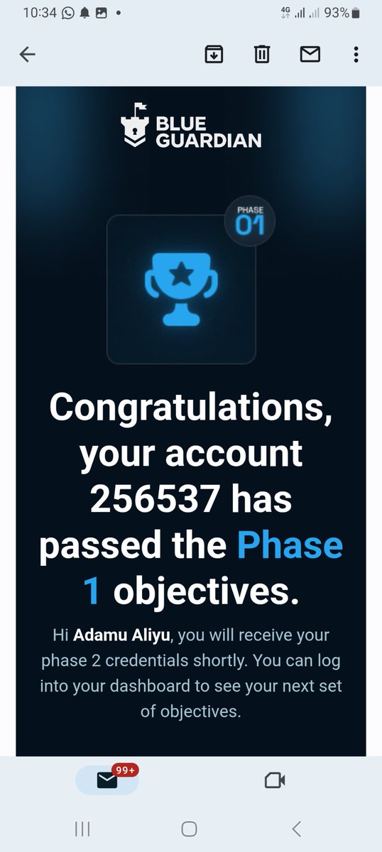 AdamuAAG3244's tweet photo. Alhmdllh masha Allah,
 I pass phase one of my blue guardian accaunt, this morning Phase 1: PASSED ✅
Phase 2: NEXT 🎯

Thank God for this win. 
Pray for me as I move to Phase 2 🙏 https://t.co/h5hBScoGaL