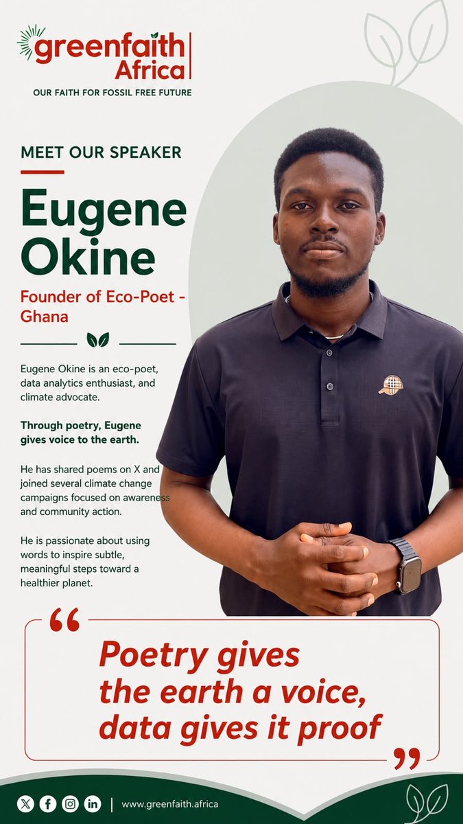 greenfaithgh's tweet photo. What happens when poetry meets climate action?

Meet @OkineEugene  , an eco-poet, data enthusiast and climate advocate using words to get people thinking differently about our relationship with the planet.

He will be live on the X Space 
#Faiths4Climate #IYD2026 https://t.co/OpGCOvNBJL