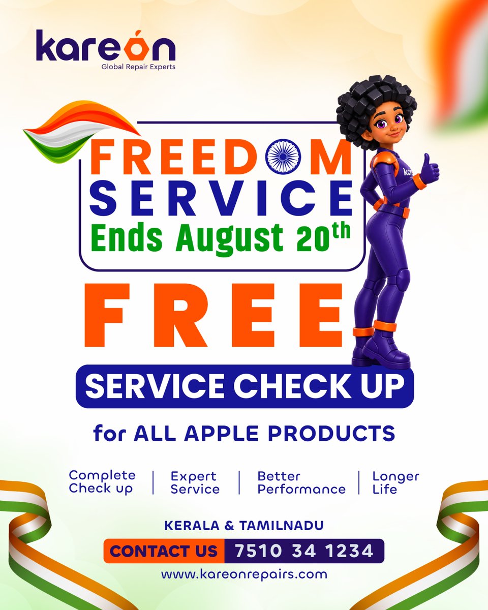 kareonrepairs's tweet photo. FREEDOM SERVICE Ends August 20th 🇮🇳✨

FREE SERVICE CHECK UP for all Apple Products
✅ Complete Check Up ✅ Expert Service ✅ Better Performance ✅ Longer Life

Kerala & Tamilnadu

📞 7510 34 1234

#FreedomService #AppleProducts #August15 #AppleSolutions #AppleRepairs #AppleServiceCenter #AppleServiceCentre #Kochi #Trivandrum #Kozhikode #Thrissur #Kasaragod #Kerala #Kottayam #Coimbatore #𝗘𝗠𝗜Facility #Kareon⚡
