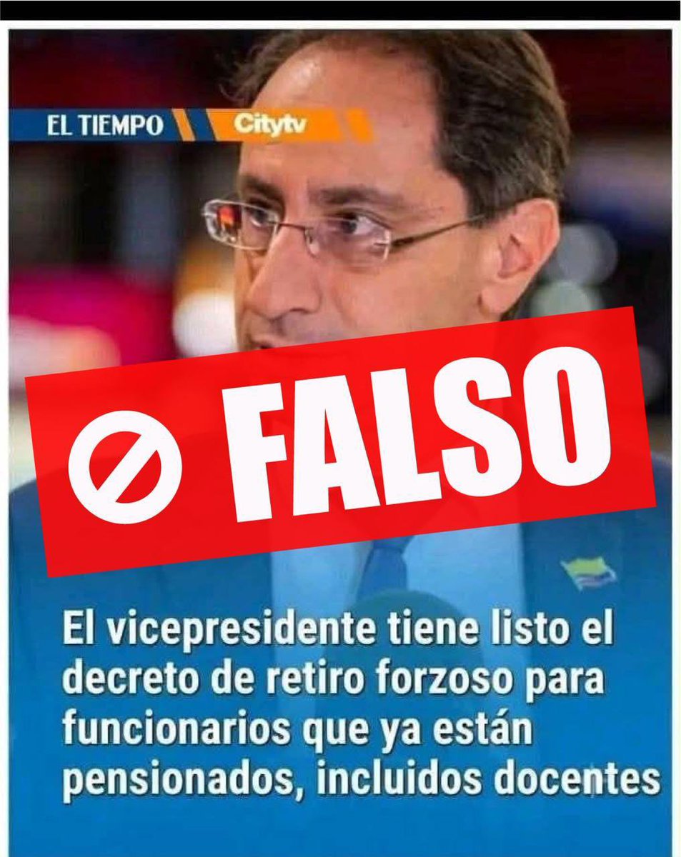 jrestrp's tweet photo. Frente a la información falsa que circula en medios de comunicación, me permito aclarar:

Es falso que esté promoviendo, preparando o haya propuesto un decreto para ordenar el retiro forzoso de funcionarios públicos pensionados, incluidos los docentes.

 No he presentado una iniciativa en ese sentido, no he impartido ninguna instrucción relacionada con este tema y tampoco he hecho las declaraciones que algunos medios me atribuyen.

También es importante precisar que no tengo competencia legal para expedir decretos del Gobierno Nacional.

Rechazo este ataque donde se me atribuyen propuestas o declaraciones que nunca he hecho. La discusión pública debe partir de hechos y de información cierta, no de versiones sin sustento.

Invito a los medios de comunicación, a los servidores públicos y a la ciudadanía a verificar la información antes de difundirla y a consultar los canales oficiales de la Vicepresidencia de la República.