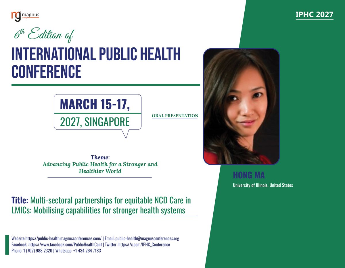 IPHC_Conference's tweet photo. 📢 Speaker Alert! Hong Ma from University of Illinois, USA joins @IPHC_Conference as an Oral Presentation Speaker Organized by @magnus_group
📅 March 15-17, 2027
📍 Singapore
Register: https://t.co/NWg3equdgB
#PublicHealth2027 #PublicHealthSummit https://t.co/1LI9KV3Iny