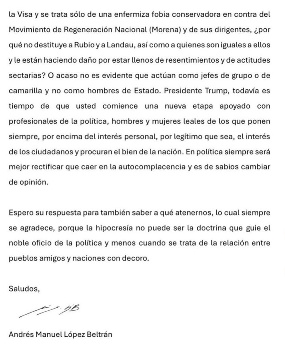 beltrandelrio's tweet photo. Andrés Manuel López Beltrán (“Andy”) envía carta abierta a Donald Trump tras la revocación de su visa de EE. UU. por decisión del Departamento de Estado (Marco Rubio y Christopher Landau). López Beltrán califica la medida de "politiquera" y sin pruebas, arremete contra los funcionarios estadunidenses y lanza directamente dos preguntas al presidente de EE. UU. sobre si estaba enterado o si removerá a los responsables.