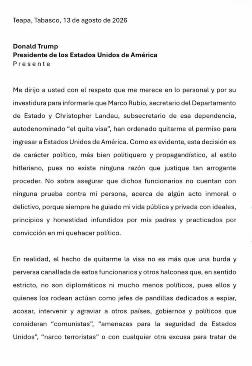 beltrandelrio's tweet photo. Andrés Manuel López Beltrán (“Andy”) envía carta abierta a Donald Trump tras la revocación de su visa de EE. UU. por decisión del Departamento de Estado (Marco Rubio y Christopher Landau). López Beltrán califica la medida de "politiquera" y sin pruebas, arremete contra los funcionarios estadunidenses y lanza directamente dos preguntas al presidente de EE. UU. sobre si estaba enterado o si removerá a los responsables.