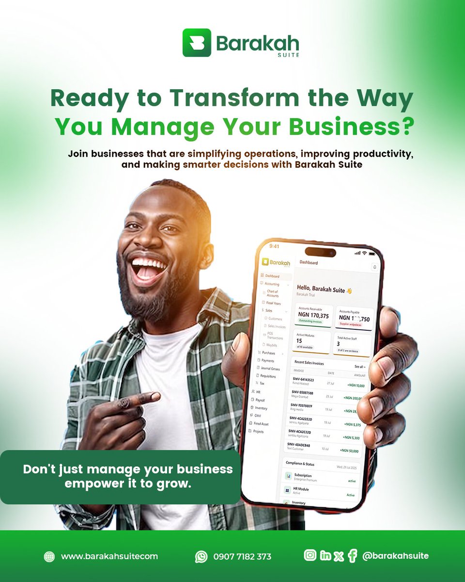 barakahsuite's tweet photo. Ready to transform the way you manage your business? 🚀 Simplify operations, boost productivity, and make smarter decisions with Barakah Suite. Don’t just manage your business—empower it to grow! 💚

#BarakahSuite #BusinessGrowth #BusinessManagement #SMEs #Productivity https://t.co/cAF2w4U5xo