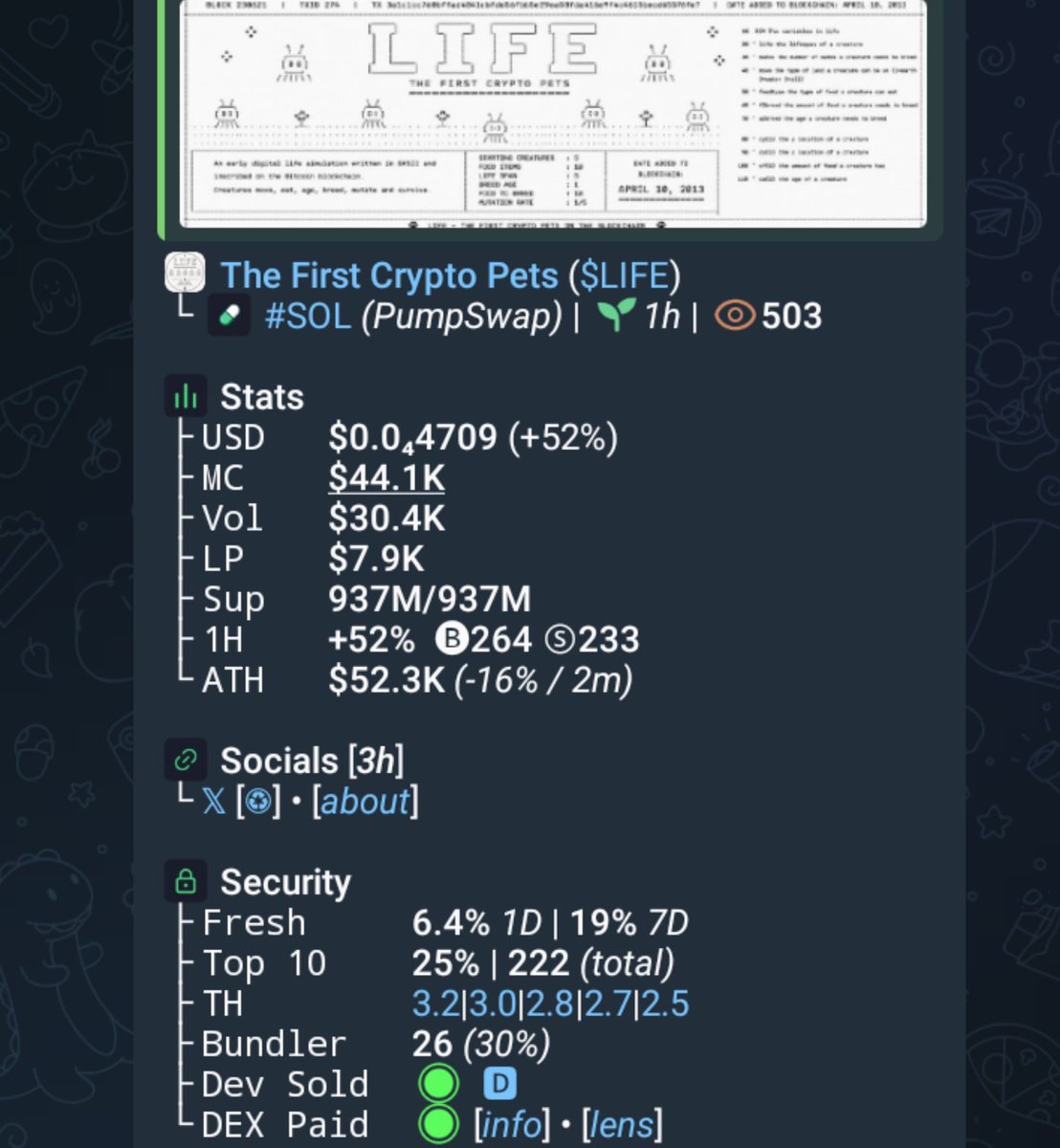 AlphaOracle4's tweet photo. Watch your entry on $LIFE
CA>>

GMx3a5aZ4sbcTzpgPkNoA5a5dE4MabSPBy4ATQ8Rpump https://t.co/pR2gCLThr8
