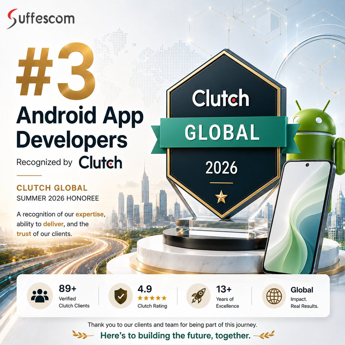 suffescom's tweet photo. ๐ Milestone achieved!
Suffescom Solutions Inc. has been designated as the Summer 2026 Clutch Global Honoree in Android App Development, ranking #3 in the list of Top 15 Android App Developers.
Grateful to our clients and team. ๐
#ClutchGlobal #AndroidAppDevelopment https://t.co/XtRFwtBKWZ