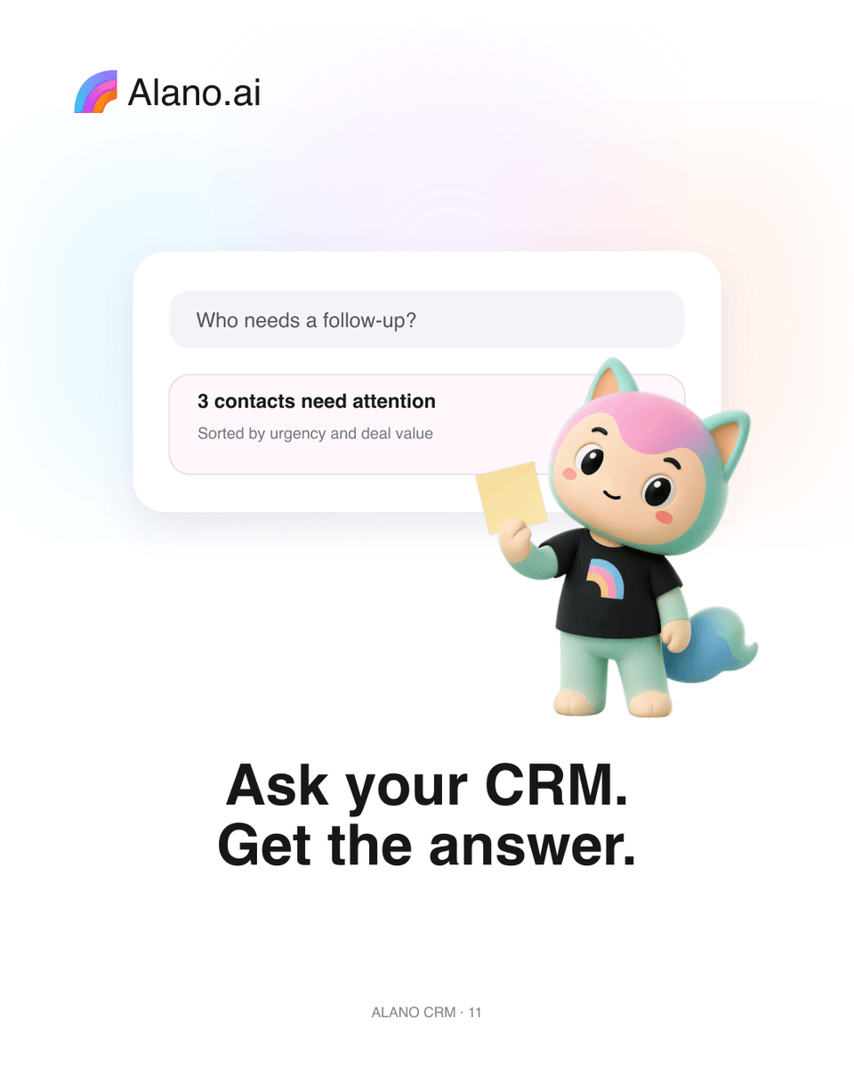 usealanoai's tweet photo. Your CRM already has the data. You shouldn’t have to dig through it to find an answer.

Ask who needs a follow-up, which deals need attention, or what happened with a contact — and get the context you need to decide what to do next.

Sometimes the easiest way to use your CRM is simply to ask.

#AlanoCRM #CRM #AI #Sales #Productivity