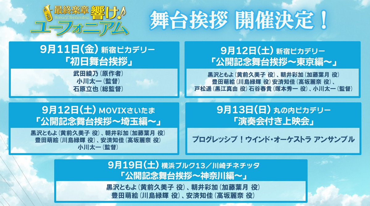 anime_eupho's tweet photo. 『最終楽章 響け！ユーフォニアム』後編
 🎺✨公開記念舞台挨拶 開催決定✨🎺

🎺9/11(金) 初日舞台挨拶
📍新宿ピカデリー
🕒15:20の回上映後／18:55の回上映前

🎺9/12(土) 公開記念舞台挨拶～東京編～
📍新宿ピカデリー
🕒9:30の回上映後／13:15の回上映前

🎺9/12(土) 公開記念舞台挨拶～埼玉編～
📍MOVIXさいたま
🕒13:15の回上映後／16:45の回上映前

🎺9/13(日) 演奏会付き上映会
📍丸の内ピカデリー
🕒10:00の回上映後／13:25の回上映後

🎺9/19(土) 公開記念舞台挨拶～神奈川編～
📍横浜ブルク13
🕒10:00の回上映後／13:20の回上映前
📍川崎チネチッタ
🕒13:20の回上映後／16:50の回上映前

9月11・12・19日の舞台挨拶チケットは、本日8/15(土)17:00より抽選販売開始！
🔻詳細はこちら
https://t.co/hXSpUtjjRI

9月13日の演奏会付き上映会チケットは、本日8/15(土)22:00より劇場インターネットにて先着販売開始！
🔻詳細はこちら
https://t.co/IN5s41ftgt

#ユーフォ最終楽章 #anime_eupho