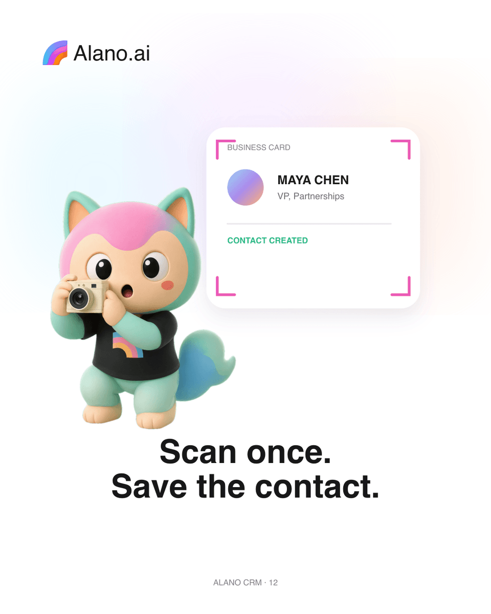usealanoai's tweet photo. Business cards are useful right up until they disappear into your bag.

Take a photo, turn the details into a contact, and keep the relationship somewhere you’ll actually find it again.

One scan. Contact saved. Done.

#AlanoCRM #CRM #Networking #ContactManagement #AI https://t.co/9ve6qdeEvI