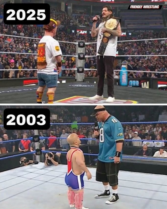 Toobusy0147's tweet photo. Time is a flat circle in WWE  Who pulled off the mini me segment better?
22 years later and WWE is still running back the classic tropes https://t.co/OV61qzI3W9
