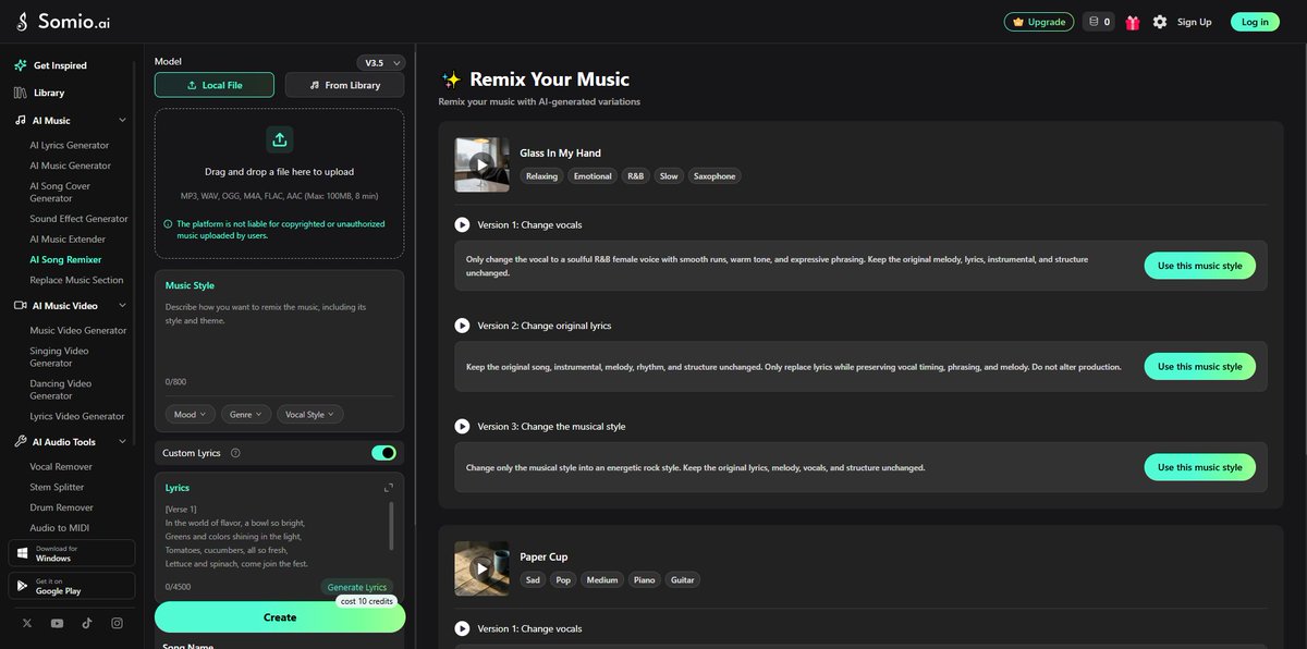 SomioAI's tweet photo. 🎵 How to remix a song with AI:

1️⃣ Upload your song
2️⃣ Describe how you want to remix the music, choose a style and customize the vibe, tempo, and lyrics or instrumental mode
3️⃣ Generate your remix
Give your track a fresh sound with AI Song Remixer🔥
👉 https://t.co/lVpqNRIu7G https://t.co/fAKNWezgj1
