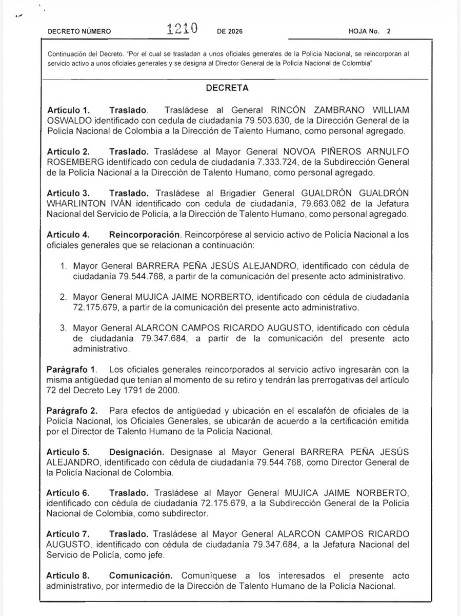 ricarospina's tweet photo. Atentos: El Presidente @ABDELAESPRIELLA firmó el decreto ordenando la reincorporación a la @PoliciaColombia de los generales Alejandro Barrera, Norberto Mujica y Ricardo Alarcón, integrantes de la nueva cúpula de la institución. Al general William Rincón, hasta este momento director de la Policía, lo trasladó a Talento Humano. Vía @BluRadioCo