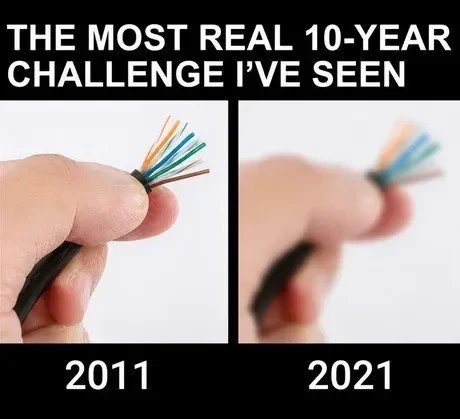 Meme comparing a clear bundle of cable conductors labeled 2011 to a blurry bundle labeled 2021, captioned: The most real 10-year challenge I’ve seen.