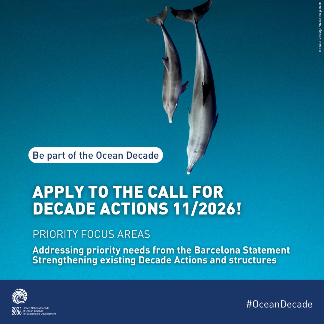 UNOceanDecade's tweet photo. Apply to the Call for Decade Actions 11/2026!
We're seeking initiatives that:
• Address priority needs from the Barcelona Statement: https://t.co/nTWWGQs2J4
• Strengthen existing #OceanDecade Actions and structures
🗓️ Deadline: 31 August 2026
🔗https://t.co/E8gzZXL4Op https://t.co/fkUt7eUUaI
