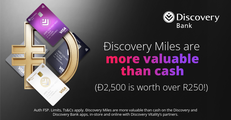 Discovery_SA's tweet photo. Get a Discovery Bank credit card and get up to 2,500 Ðiscovery Miles, to spend at our partner stores. It’s the future of banking, now!