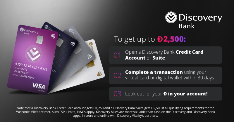 Discovery_SA's tweet photo. Get a Discovery Bank credit card and get up to 2,500 Ðiscovery Miles, to spend at our partner stores. It’s the future of banking, now!