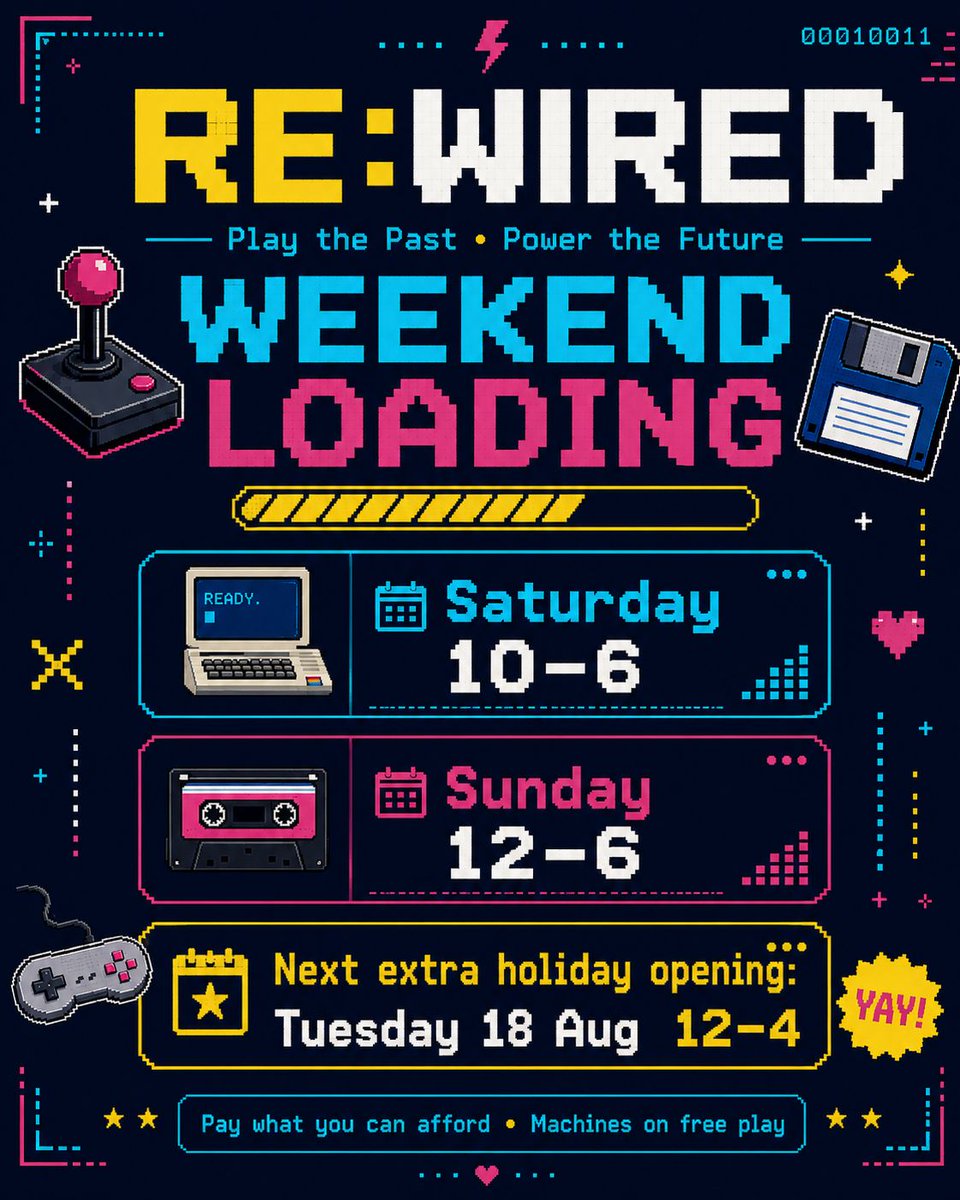 rewiredmuseum's tweet photo. 🎮 WEEKEND LOADING… ██████████ 100%

If you haven't visited Re:Wired yet, this weekend is a great time to change that!

We're a hands-on museum and retro arcade celebrating the technology that changed our lives.

🕹️ Play
💾 Explore
🧠 Learn
👾 Discover

#ReWired https://t.co/1yt0nJa5XD