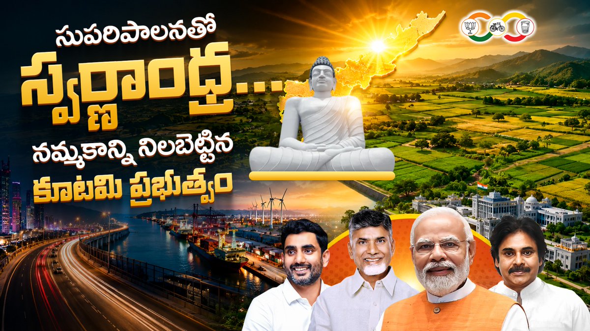 TDPSasikumar's tweet photo. సుపరిపాలనతో స్వర్ణాంధ్ర... నమ్మకాన్ని నిలబెట్టిన కూటమి ప్రభుత్వం

"ఒక మంచి ప్రభుత���వం ప్రజల జీవితాలను మార్చగలదు... ఒక గొప్ప ప్రభుత్వం ప్రజల ఆలోచనా విధానాన్నే మార్చగలదు."
ఈ మాటలు ఈరోజు ఆంధ్రప్రదేశ్ పరిస్థితిని చూస్తే అక్షరాలా నిజమని అనిపిస్తోంది.

ఒకప్పుడు ప్రభుత్వ కార్యాలయం అంటే భయం... పాలన అంటే అవినీతి... హక్కు కోసం అడిగితే కేసులు... అభివృద్ధి గురించి మాట్లాడితే కక్షలు... పెట్టుబడిదారులు రాష్ట్రం వైపు చూడడానికి కూడా భయపడే పరిస్థితి. రాజ్యాంగం కంటే పాలకుడి మాటే చట్టంగా మారిన ఐదేళ్లు ప్రజలు అనుభవించారు.

అలాంటి సమయంలో ప్రజలు ఒక చారిత్రాత్మక నిర్ణయం తీసుకున్నారు. రాష్ట్రాన్ని కాపాడాలంటే సుపరిపాలన అవసరమని భావించి కూటమికి అపూర్వ విజయాన్ని అందించారు. అది కేవలం ప్రభుత్వ ��ార్పు కాదు... పాలనా సంస్కృతిలో వచ్చిన విప్లవం.

నిజాయితీ రాజకీయాలకు ప్రతీకగా నిలిచిన @ncbn గారు... వ్యవస్థల బలోపేతాన్ని లక్ష్యంగా పెట్టుకున్న @pawankalyan గారు... దేశ అభివృద్ధి కోసం కృషి చేస్తున్న ప్రధాని @narendramodi గారి సహకారంతో ఆంధ్రప్రదేశ్‌లో ప్రజా కేంద్రిత పాలనకు శ్రీకారం చుట్టబడింది.

మొదటి నిర్ణయమే ప్రజల ఆస్తులకు భద్రత

కూటమి ప్రభుత్వం అధికారంలోకి వచ్చిన వెంటనే తీసుకున్న తొలి నిర్ణయాల్ల��� అత్యంత ముఖ్యమైనది ల్యాండ్ టైటిలింగ్ యాక్ట్ రద్దు. ప్రజల భూములపై అనుమానాలు, భయాలు తొలగిపోయాయి.

అంతటితో ఆగకుండా ఏపీ భూ ఆక్రమణ నిరోధక చట్టం-1982 స్థానంలో మరింత బలమైన AP Land Grabbing (Prohibition) Act-2024 తీసుకొచ్చింది. రీసర్వే ద్వారా అసలైన హక్కుదారులకు రాజముద్రతో కూడిన పట్టాదారు పాసుపుస్తకాలు అందించే ప్రక్రియ ప్రారంభమైంది.

ప్రతి కుటుంబం తన భూమిపై నిశ్చింతగా జీవించే పరిస్థితి కల్పించడమే ప్రభుత్వ లక��ష్యం.

ప్రజల మాట నిలబెట్టుకున్న ప్రభుత్వం

ఎన్నికల సమయంలో ఇచ్చిన హామీలను మరచిపోకుండా కొత్తగా మార్కాపురం, పోలవరం జిల్లాలను ఏర్పాటు చేసి ప్రజల ఆకాంక్షలను నెరవేర్చింది.

ఇది ఎన్నికల హామీని పాలనలో అమలు చేసిన బాధ్యతాయుత ప్రభుత్వానికి నిదర్శనం.

పెట్టుబడుల గమ్యస్థానంగా ఆంధ్రప్రదేశ్

గతంలో పరిశ్రమలు రాష్ట్రాన్ని వదిలి వెళ్లాయి. కొత్త పెట్టుబడులు రావడం ఆగిపోయింది. కూటమి ప్రభుత్వం వచ���చిన తర్వాత పరిస్థితి పూర్తిగా మారింది.

28 కొత్త పారిశ్రామిక విధానాలు తీసుకువచ్చి పెట్టుబడిదారులకు విశ్వాసం కల్పించింది. దేశంలోనే తొలిసారిగా పరిశ్రమలకు ఇవ్వాల్సిన ప్రోత్సాహకాలను సమయానికి చెల్లించేందుకు ఎస్క్రో అకౌంట్ల వ్యవస్థను ఏర్పాటు చేసింది.

ఇప్పుడు ప్రపంచ దిగ్గజ సంస్థలు ఆంధ్రప్రదేశ్ వైపు చూస్తున్నాయి.

ఆర్థిక క్రమశిక్షణతో అభివృద్ధి

గత ప్రభుత్వంలో అప్పుల భారంతో ర��ష్ట్ర ఆర్థిక వ్యవస్థ కుదేలైంది. కూటమి ప్రభుత్వం ఆర్థిక క్రమశిక్షణ పాటిస్తూ రుణాల రీషెడ్యూలింగ్ ద్వారా వడ్డీ భారాన్ని తగ్గించింది.

90కి పైగా కేంద్ర ప్రాయోజిత పథకాలను తిరిగి అమల్లోకి తీసుకొచ్చింది. 15వ ఆర్థిక సంఘం నిధులను విడుదల చేయించింది. స్థానిక సంస్థలకు బలం చేకూర్చింది.

మూలధన వ్యయం పెంచి 11.28 శాతం డబుల్ డిజిట్ గ్రోత్ రేట్ సాధించడం రాష్ట్ర ఆర్థిక పునరుజ్జీవనానికి నిదర్శనం.

అభివృద్ధికి మళ్లీ ఊపిరి

గతంలో వేలాది నిర్మాణ పనులు నిలిచిపోయాయి. కాంట్రాక్టర్లకు బిల్లులు చెల్లించలేదు.

కూటమి ప్రభుత్వం 50 వేల మంది కాంట్రాక్టర్లకు సుమారు రూ.2,000 కోట్ల బకాయిలు చెల్లించింది. ఫలితంగా రాష్ట్రవ్యాప్తంగా అభివృద్ధి పనులు తిరిగి వేగం పుంజుకున్నాయి.

ఉచిత ఇసుక విధానంతో నిర్మాణ రంగా��ికి ఊతమిచ్చింది.

స్వచ్ఛమైన రాష్ట్రం... ప్రజల భాగస్వామ్యం

ప్రజలపై భారంగా మారిన చెత్తపన్నును రద్దు చేసింది.

84 లక్షల టన్నుల లెగసీ వ్యర్థాలను తొలగిస్తూ స్వచ్ఛ ఆంధ్ర లక్ష్యంతో ముందుకు సాగుతోంది.

ప్రతి నెలా మూడో శనివారం ముఖ్యమంత్రి స్వయంగా స్వర్ణాంధ్ర - స్వచ్ఛఆంధ్ర కార్యక్రమంలో పాల్గొనడం ప్రజల్లో అవగాహన పెంచుతోంది.

ప్రజల చేతిలోనే ప్రభుత్వం

ప్రభుత్వ సేవల కోసం కార్యాలయాల చుట్టూ తిరిగే రోజులు ముగిశాయి.

మన మిత్ర వాట్సాప్ గవర్నెన్స్ ద్వారా 1,035 ప్రభుత్వ సేవలు ప్రజల మొబైల్ ఫోన్‌లో అందుబాటులోకి వచ్చాయి.

ఇది డిజిటల్ గవర్నెన్స్‌లో దేశానికే ఆదర్శంగా నిలుస్తోంది.

విద్యుత్ రంగంలో ��ంస్కరణలు

గత ప్రభుత్వంలో వేల కోట్ల నష్టాల్లో కూరుకుపోయిన విద్యుత్ రంగాన్ని కూటమి ప్రభుత్వం గాడిలో పెట్టింది.

దేశంలో తొలిసారిగా ట్రూ డౌన్  విధానానికి శ్రీకారం చుట్టింది.

90 గిగావాట్ల గ్రీన్ ఎనర్జీ ప్రాజెక్టులకు ఒప్పందాలు కుదుర్చుకుని భవిష్యత్ విద్యుత్ అవసరాలకు పునాది వేసింది.

అమరావతికి శాశ్వత హామీ

ఒక రాష్ట్రానికి రాజధాని ఏదో చెప్పుకోలేని పరిస్థితిని కూటమి ప్రభుత్వం ము��ించింది.

అమరావతిని ఆంధ్రప్రదేశ్‌కు శాశ్వత, ఏకైక రాజధానిగా చట్టబద్ధంగా రక్షించే దిశగా కీలక నిర్ణయాలు తీసుకుంది.

రాజధాని రైతుల త్యాగానికి న్యాయం చేసింది.

గంజాయిపై ఉక్కుపాదం

ఒకప్పుడు గంజాయి, డ్రగ్స్‌కు కేంద్రంగా మారిన ఆంధ్రప్రదేశ్‌లో ఇప్పుడు పరిస్థితి మారుతోంది.

ఈగల్ టాస్క్ ఫోర్స్ ఏర్పాటు చేసి గంజాయి, మాదకద్రవ్యాలపై నిరంతర దాడులు చేపడుతోంది.

నేరాల నియంత్రణలో స్పష్టమైన మార్పు కనిపిస్తోంది. మహిళల భద్రతకు ప్రభుత్వం ప్రత్యేక ప్రాధాన్యత ఇస్తోంది.

విద్యలో విలువల విప్లవం

మంత్రి నారా లోకేష్ నాయకత్వంలో విద్యారంగంలో ఎన్నో వినూత్న సంస్కరణలు అమలవుతున్నాయి.

మెగా పేరెంట్స్-టీచర్స్ మీటింగ్, ముస్తాబు, ఆధునిక మౌలిక వసతులు, నాణ్యమైన బోధన...

ప్రభుత్వ పాఠశాలలను కార్పొరేట్ విద్యాసంస్థలకు దీటుగా తీర్చిదిద్దే ప్రయత్నం జరుగుతోంది.

విద్యార్థుల్లో విలువలు, క్రమశిక్షణ, నైపుణ్యాలను పెంపొందించే దిశగా విద్యా వ్యవస్థ మారుతోంది.

ఇదే అసలైన సుపరిపాలన

సుపరిపాలన అంటే కేవలం పథకాలు ఇవ్వడం కాదు.

ప్రజల ఆస్తులకు భద్రత కల్పించడం...

వ్యవస్థలపై నమ్మకం పెంచడం...

పెట్టుబడులు తీసుకురావడం...

యువతకు ఉ��్యోగాలు కల్పించడం...

సాంకేతికతతో ప్రభుత్వాన్ని ప్రజల ఇంటి ముంగిటికి తీసుకురావడం...

పారదర్శకతతో నిర్ణయాలు తీసుకోవడం...

రాష్ట్ర భవిష్యత్తును దృష్టిలో పెట్టుకుని దీర్ఘకాల ప్రణాళికలు అమలు చేయడం.

ఈ రెండేళ్లలో కూటమి ప్రభుత్వం అదే చేసి చూపించింది.

ఒక యువకుడిగా నాకు రాజకీయాల కంటే పాలన ముఖ్యం. నినాదాల కంటే ఫలితాలు ముఖ్యం. మాటల కంటే పనులు ముఖ్యం.

ఈ రెండేళ్లలో రాష్ట్రంలో కనిపిస్తున��న మార్పు చూస్తుంటే... సరైన నాయకత్వం ఉంటే వ్యవస్థలు మారతాయని, ప్రజల జీవితాలు మారతాయని మరోసారి నిరూపితమైంది.

స్వర్ణాంధ్ర కేవలం ఒక నినాదం కాదు.

అది ప్రతి రైతు చిరునవ్వులో...

ప్రతి విద్యార్థి ఆశలో...

ప్రతి మహిళ భద్రతలో...

ప్రతి యువకుడి ఉద్యోగంలో...

ప్రతి పెట్టుబడిలో...

ప్రతి గ్రామ అభివృద్ధిలో కనిపించాలి.

ఆ లక్ష్యంతో ముందుకు సాగుతున్న కూటమి ప్రభుత్వానికి ప్రజల మద్దతు కొనసాగితే... రా���ోయే ��శాబ్దాల్లో ఆంధ్రప్రదేశ్ దేశంలోనే అత్యుత్తమ పాలనకు చిరునామాగా నిలుస్తుందనే నమ్మకం నాలో ఉంది.
#IntintikiTeluguDesam 
#2YrsOfTrustDevelopmentWelfare 
#IdhiManchiPrabhutvam 
#ChandrababuNaidu 
#NaraLokesh 
#AndhraPradesh
