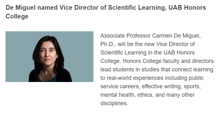 UAB_NRTC's tweet photo. Congrats to Dr. Carmen De Miguel for being named Vice Director of Scientific Learning in the UAB Honors College! 👏 @Carmendemigue12 https://t.co/A7EBcxMm1D