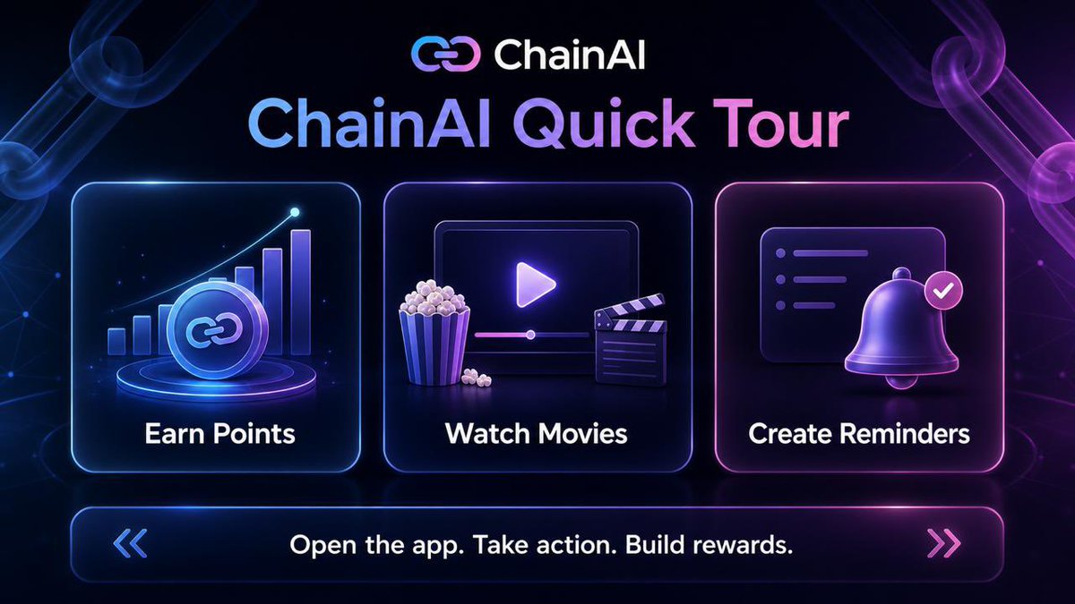 JoinChainAi's tweet photo. New to ChainAI? Here’s the quick tour:

1. Open the app and check in daily to start earning points
2. Use the Watch Movies section to discover content and collect rewards as you engage
3. Head to Reminders to create simple alerts for tasks, goals, or plans you don’t want to miss
4. Keep using the app consistently to build up your points over time

ChainAI is built to make everyday actions more rewarding. More features and improvements are on the way.